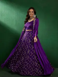 Sangria Purple Shoulder Straps Neck Sleeveless Top With Skirt & Shrug