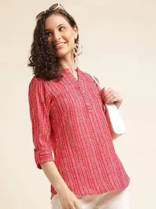 all about you Embellished Print Mandarin Collar Roll-Up Sleeves Top