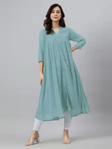 Janasya Women Blue Dobby Chiffon Self Design Flared Kurta
