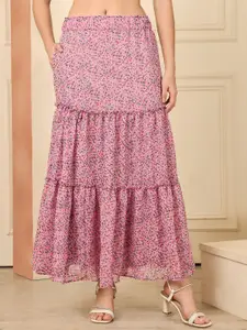 NEUDIS Floral Printed Georgette Tiered Maxi Skirt