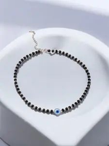 Kicky And Perky Women 925 Sterling Silver Evil Eye Black Onyx Beads Anklet