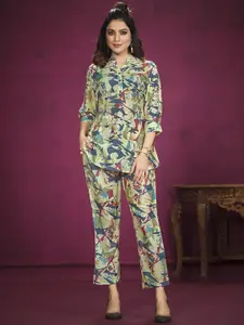 all about you Mandarin Collar Printed Top With Trousers