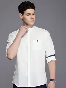 Louis Philippe Jeans Cotton Linen Band Collar Slim Fit Opaque Casual Shirt