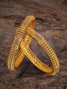Kushal's Fashion Jewellery Set Of 2 Gold-Plated Stone-Studded Bangles