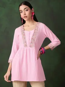 Sangria Floral Thread Work Embroidered A-Line Short Kurti