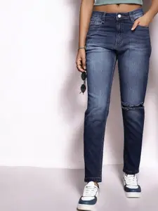 GUTI Women Boyfriend Fit High-Rise Slash Knee Light Fade Stretchable Jeans