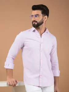 Crimsoune Club Men Classic Spread Collar Vertical Striped Cotton Slim Fit Casual Shirt