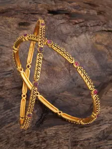 Kushal's Fashion Jewellery Set Of 2 Gold-Plated Ruby-Studded Bangles