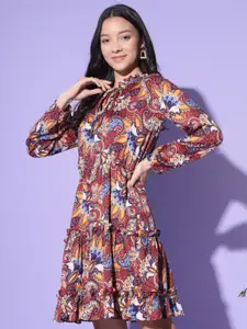 BAESD Bohemian Print Tie-Up Neck Satin A-Line Dress