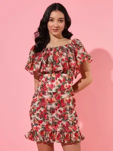 BAESD Floral Print Off-Shoulder Flutter Sleeve Georgette Bodycon Mini Dress