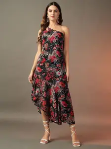 Trend Arrest Floral Print One Shoulder Georgette A-Line Maxi Dress