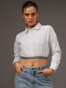 STREET 9 Women Edgy Spread Collar Solid Cotton Casual Shirt