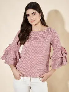 Slenor Checked Flared Sleeve Ruffles Crepe Top