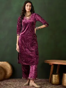 Sangria Embroidered Straight Velvet Kurta