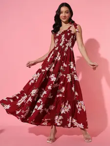 BAESD Floral Print Tie-Up Neck Crepe Fit & Flare Maxi Dress