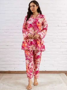 HUKUM Floral Printed Pure Silk Top With Trousers Co-Ords
