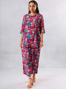 HUKUM Floral Printed Pure Silk Top With Palazzo