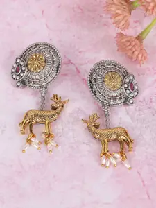 Sangria Stone-Studded & Beaded Deer Shaped Drop Earrings