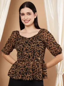 Slenor Animal Print Sweetheart Neck Puff Sleeve Georgette Peplum Top