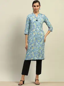 Rangriti Women Checked Keyhole Neck Flared Sleeves Thread Work Kurta