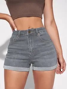 AAHWAN Women Striped Slim Fit High-Rise Denim Denim Shorts