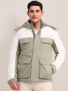 U.S. Polo Assn. Men Colourblocked Padded Jacket with Patchwork