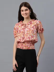 all about you Floral Print Tie-Up Neck Puff Sleeve Blouson Top