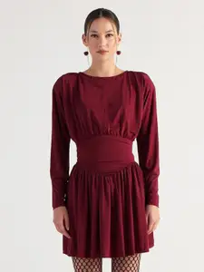 Bebe Women Round Neck Pleated Fit & Flare Dress