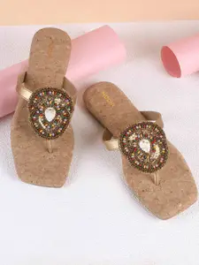 Mochi Women Embroidered Open-Toe Flats