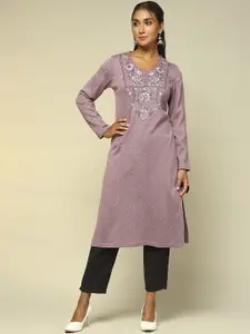 Rangriti Women Geometric Embroidered Keyhole Neck Flared Sleeves Mirror Work Kurta