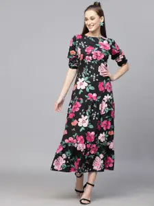 BAESD Women Floral Print Puff Sleeve Fit & Flare Dress