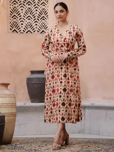 Sangria Women Eyhinic Motif Printed Pure Cotton V Neck Long Sleeve Fit & Flare Dress