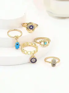Jewels Galaxy Set Of 5 Gold-Plated Crystal Stone-Studded Finger Ring