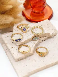 Jewels Galaxy Set Of 5 Gold-Plated Stone-Studded Finger Ring