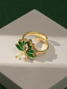 TEEJH Gold-Plated Pearl Beaded Adjustable Finger Ring