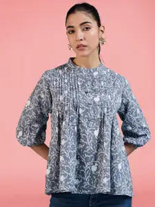 Winza Designer Women Cotton Floral Printed Mandarin Collar Puff Sleeve Top