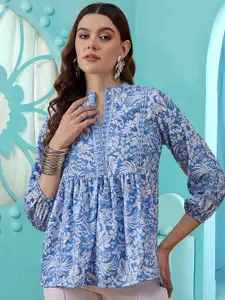 Winza Designer Floral Print Puff Sleeves Mandarin Collar Empire Top