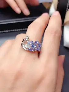 Jewels Galaxy Silver-Plated Crystals Stone-Studded Peacock Design Adjustable Finger Ring