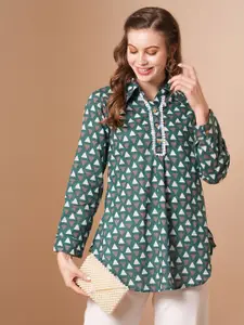 FASHOR Women Geometric Printed Shirt Collar Pure Cotton Kurti