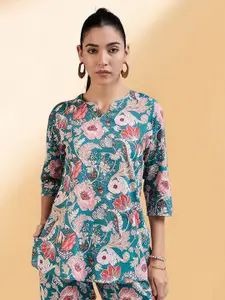 Winza Designer Women Floral Printed Round Notch Neck Cotton A-Line Top