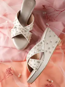 House of Pataudi Embellished Open Toe Wedge Heels