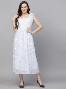 BAESD  Georgette Ruffles Square Neck Flutter Sleeves Fit & Flare Midi Dress