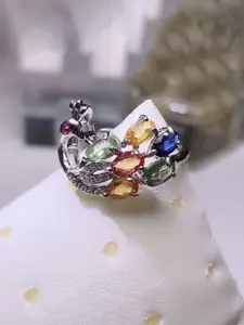 Jewels Galaxy Silver-Plated Crystals Stone-Studded Peacock Design Adjustable Finger Ring