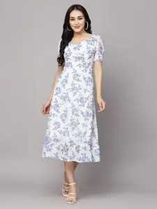 BAESD Floral Printed Puff Sleeve Georgette A-Line Midi Dress