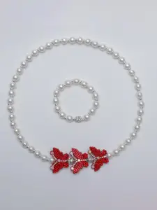 Daizy Girls Floral Bow Artificial Pearls Beaded Necklace And Bracelet Jewellery Set