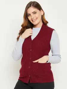 Zigo Women Woollen V-Neck Sleeveless Front-Open Sweater