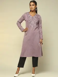 Rangriti Women Geometric Embroidered Keyhole Neck Flared Sleeves Mirror Work Kurta