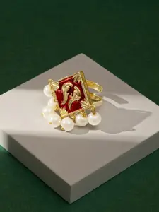 TEEJH Gold-Plated Pearl Beaded Adjustable Finger Ring