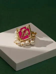 TEEJH Gold-Plated Beaded Adjustable Finger Ring