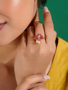 TEEJH Genda Phool Gold-Plated Stones-Studded & Beaded Finger Ring